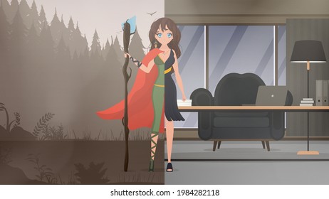 The girl is half business woman, half superhero. The concept of hidden preferences, hobbies, or interests. Vector.