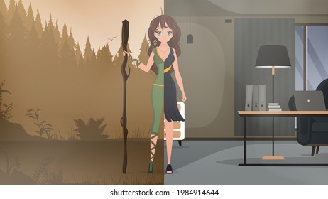 The girl is half business woman, half superhero. The concept of hidden preferences, hobbies, or interests. Vector.