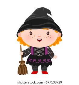 Girl in Halloween costume, cartoon character, witch, vector, isolated illustration on a white background.