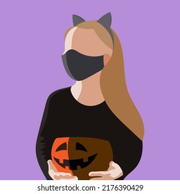 Chica con disfraz de Halloween con una máscara sostiene un vector de ilustración de balde calabaza.