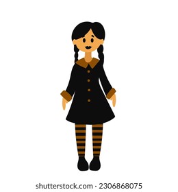Girl in Halloween costume. Wednesday Costume. The character is isolated on a white background. Vector illustration. Flat style