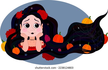 Girl with Halloween makeup. Vector illustration of Santa Muerte holiday. Girl with long hair with cobwebs and pumpkins