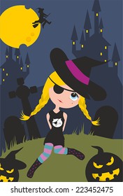 Girl in Halloween in night background with pumpkin, full moon and witch flying on broom.