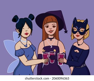 Girl halloween party, young girls in halloween costumes, Girls drink punch on Halloween