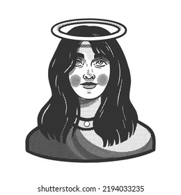 girl with halo nimbus over her head sketch engraving vector illustration. Scratch board imitation. Black and white hand drawn image.