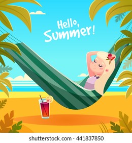 Girl in a hammock on the beach sunbathing, among palm trees. Vector illustration.