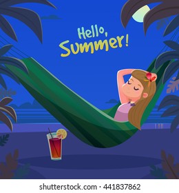 Girl in a hammock on the beach sunbathing, among palm trees. Vector illustration.