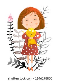 Girl and Hamster or Guinea Pig. Cute little girl and her adorable funny pet. Vector illustration.