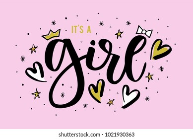 it's a girl hand drawn design elements, gifts, wallpapers, web template, card, invitation, lettering calligraphy style, cartoon cute kids