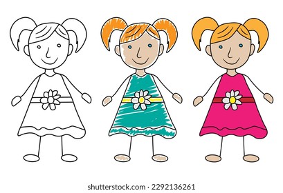 girl in hand drawn style , kid's drawing