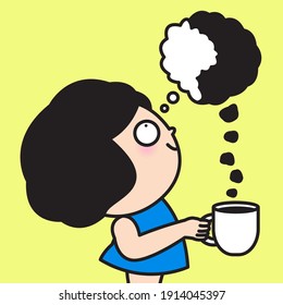 Girl Hand Holding A Cup Of Coffee With Yin And Yang Thought Bubble Made Out Of Black Vapor Smoke Cloud. Drinks To Balance Mood Concept Card Character illustration