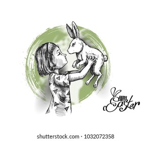 Girl hand holding Easter Bunny Rabbit, Hand Drawn Sketch Vector illustration.