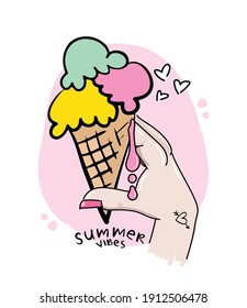Girl hand holding ice cream melting, summer concept design, for t shirts, prints, fashion graphics, posters, decorative objects etc