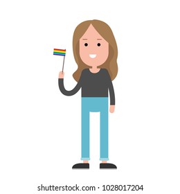 Girl hand holding LGBT flag. flat design vector illustration