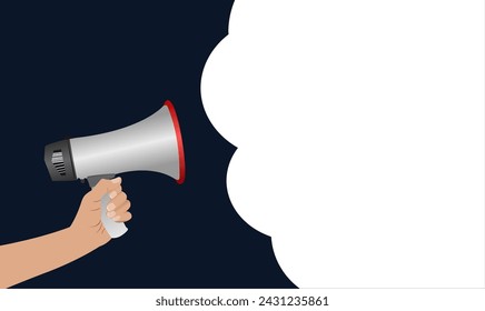 Girl Hand holding megaphone with speech white bubble on blue shade background banner poster. For women's internation day and advertising. For exclusive discounts and special offers. for marketing ads.