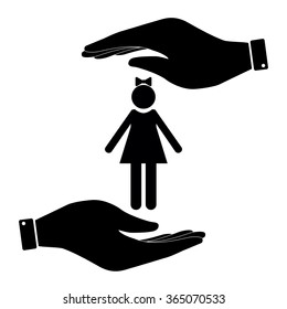 Girl in hand icon, care symbol vector illustration. Flat design style