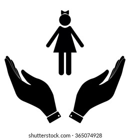 Girl in hand icon, care symbol vector illustration. Flat design style