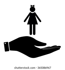 Girl in hand icon, care symbol vector illustration. Flat design style