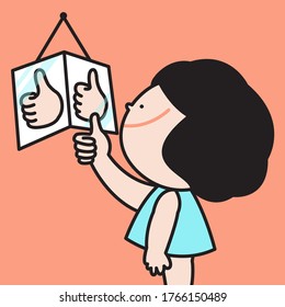 Girl Hand Making Thumbs Up Gesture To Her Reflection In A Mirror. A Way To Cheer Yourself Up Concept Card Character illustration