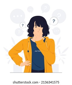 Girl with hand on chin feeling confused while looking up with thoughtful focused expression, questioned, thinking, and curious with question mark concept illustration