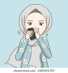 girl is with hand phone, muslim girl holds hand phone, hijab girl is holding a cell phone