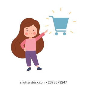 Girl hand pointing forefinger on the shopping cart. Cartoon child makes a gesture paying attention, choosing, indicating. Flat vector cute kid character isolated illustration