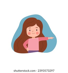 Girl hand pointing forefinger on the right side, showing direction. Cartoon child makes a gesture paying attention, choosing, indicating. Flat vector cute kid character illustration isolated