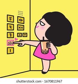 Girl Hand Press A Button Of Elevator Inside The Building For Bubble Milk Tea Level Floor Concept Card Character illustration