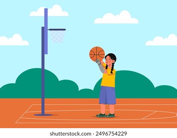 Girl with hand prosthesis. Schoolgirl throws ball into basket. Kid with disabilities play in basketball. Active lifestyle and sports. Hobby and leisure. Flat vector illustration