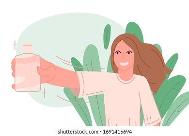 Girl with hand sanitizer on plants background vector illustration flat design 