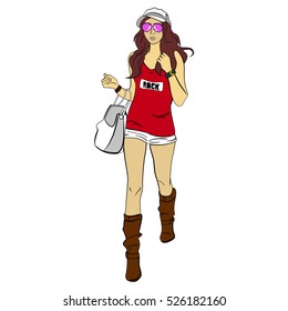 girl with handbag dressed in white shorts and a red t-shirt and cap, brown boots with pink glasses