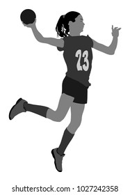 Girl handball player in action with ball vector silhouette illustration isolated on white. Woman handball player shoots a penalty. Female sport figure shadow symbol. Handball lady jumping in the air.