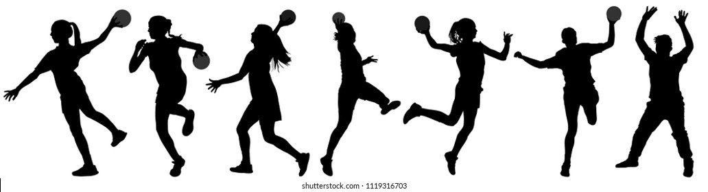 Girl handball player in action with ball vector silhouette illustration isolated on white. Woman handball player shoots a penalty. Female sport figure shadow symbol. Handball lady jumping in the air.