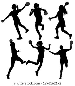 Handballspieler in Aktion, Vektorgrafik der Silhouette einzeln auf weißem Hintergrund. Frauenhandballspielersymbol. Handballmädchen, die in die Luft springen. Handball (Fußball) Torhüter Silhouette Vektor. 