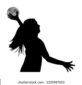 Girl handball player in action with ball vector silhouette illustration isolated on white. Woman handball player shoots a penalty. Female sport figure shadow symbol. Handball lady jumping in the air.