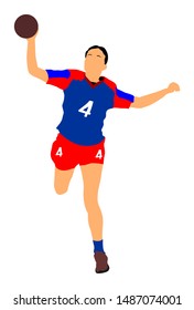 Girl handball player in action with ball vector illustration isolated on white. Woman handball player shoots a penalty. Female sport figure symbol. Handball lady jumping in the air, hit ball in goal.