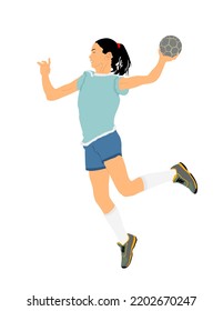 Girl handball player in action with ball vector illustration isolated on white background. Woman handball player shoots a penalty. Female sport figure  symbol. Handball lady jumping in the air.