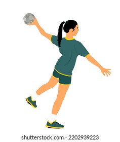 Girl handball player in action with ball vector illustration isolated on white background. Woman handball player shoots a penalty. Female sport figure  symbol. Handball lady in game.