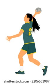 Girl handball player in action with ball vector illustration isolated on white background. Woman handball player shoots a penalty. Female sport figure  symbol. Handball lady in game.