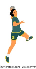 Girl handball player in action with ball vector illustration isolated on white background. Woman handball player shoots a penalty. Female sport figure  symbol. Handball lady jumping in the air.