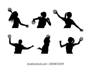 Girl Handball-Spieler in Aktion mit Ball Vektorsilhouette Illustration einzeln auf Weiß. Der weibliche Handballspieler schießt eine Strafe. Schattensymbol für weibliche Sportfigur. Handballdame springt in die Luft.