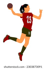 Niña jugador de balonmano en acción con ilustración del vector de bola aislada en fondo blanco. Una jugadora de balonmano dispara un penal. Símbolo femenino de figura deportiva. Mujer de balonmano saltando al aire.