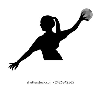 Girl handball player in action with ball vector silhouette illustration isolated on white. Woman handball player shoots a penalty. Female sport figure shadow symbol. Handball lady jumping in the air.