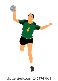 Girl handball player in action with ball vector illustration isolated on white background. Woman handball player shoots a penalty. Female sport figure  symbol. Handball lady jumping in the air.