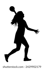 Girl handball player in action with ball vector silhouette illustration isolated on white. Woman handball player shoots a penalty. Female sport figure shadow symbol. Handball lady jumping in the air.