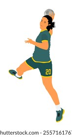 Girl handball player in action with ball vector illustration isolated on white background. Woman handball player shoots a penalty. Female sport figure  symbol. Handball lady in game.