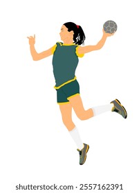 Girl handball player in action with ball vector illustration isolated on white background. Woman handball player shoots a penalty. Female sport figure  symbol. Handball lady in game.