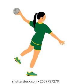 Girl handball player in action with ball vector illustration isolated on white background. Woman handball player shoots a penalty. Female sport figure  symbol. Handball lady in game.