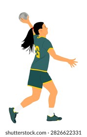 Girl handball player in action with ball vector illustration isolated on white background. Woman handball player shoots a penalty. Female sport figure  symbol. Handball lady in game.