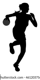 Girl handball player in action with ball vector silhouette illustration isolated on white. Woman handball player shoots a penalty. Female sport figure shadow symbol. Handball lady jumping in the air.